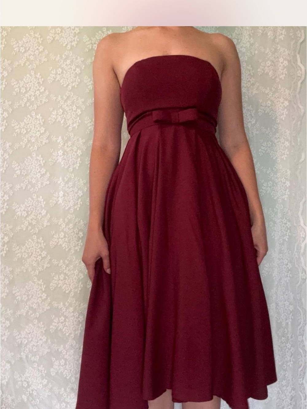Lulu's Strapless Bow-Accent Midi Dress in Burgundy